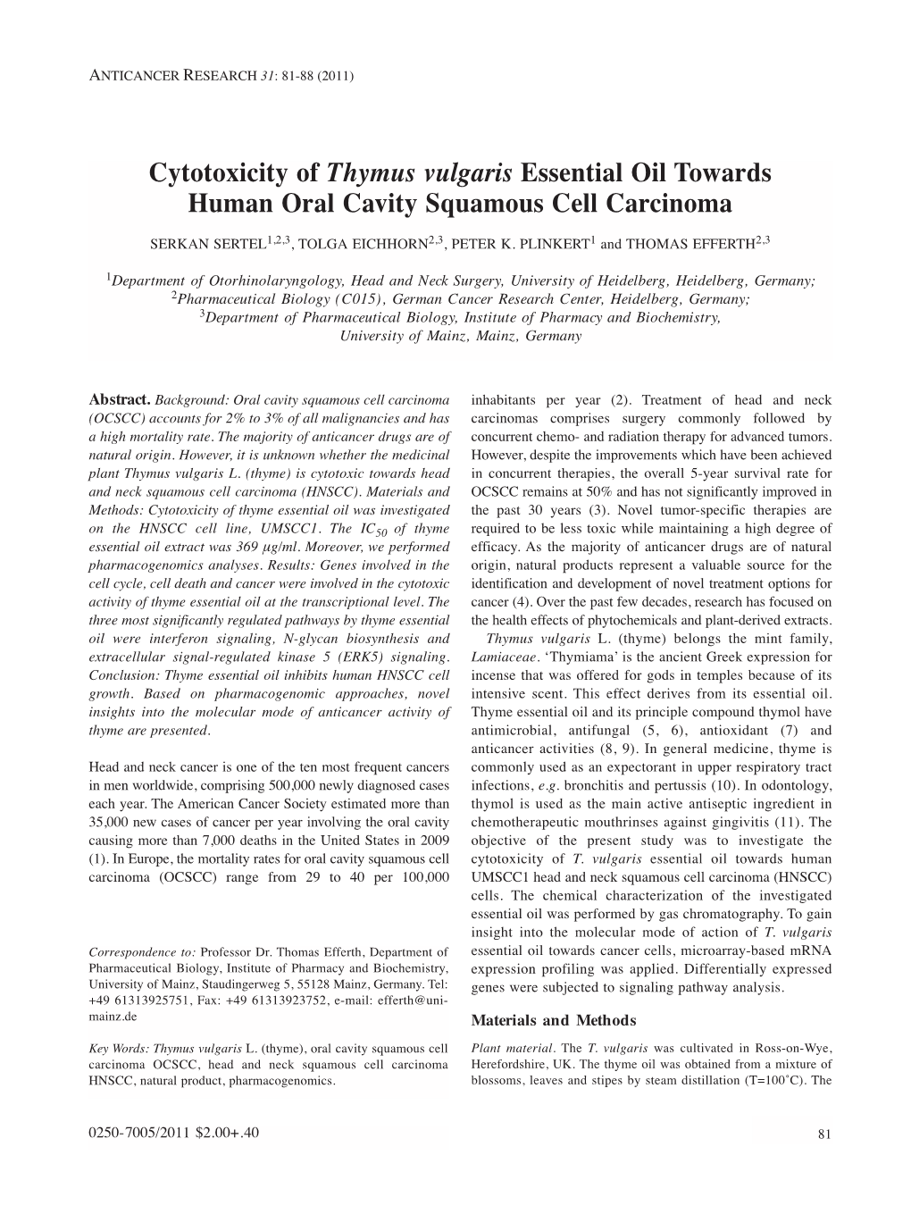 Cytotoxicity of Thymus Vulgaris Essential Oil Towards Human Oral Cavity Squamous Cell Carcinoma
