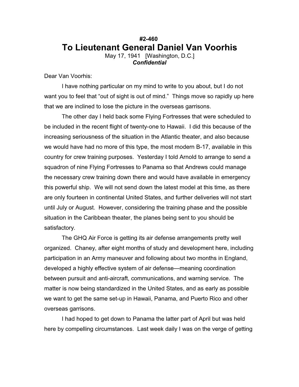 To Lieutenant General Daniel Van Voorhis