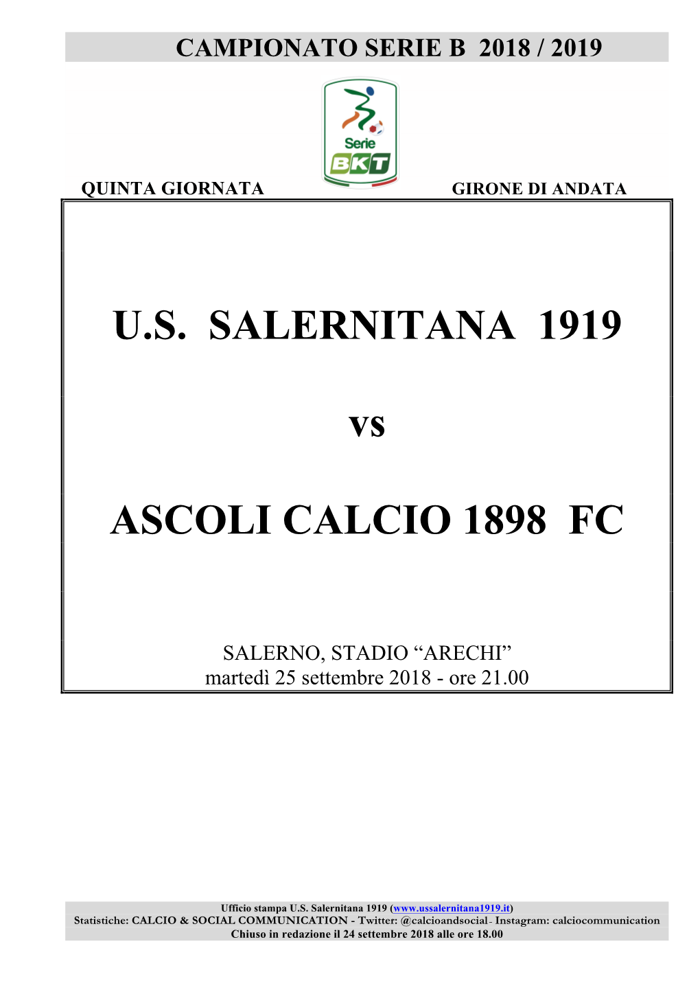 U.S. SALERNITANA 1919 Vs ASCOLI CALCIO 1898 FC