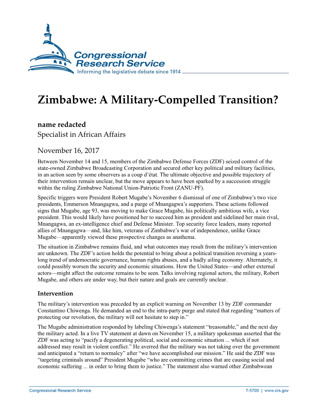 Zimbabwe: a Military-Compelled Transition? Name Redacted Specialist in African Affairs
