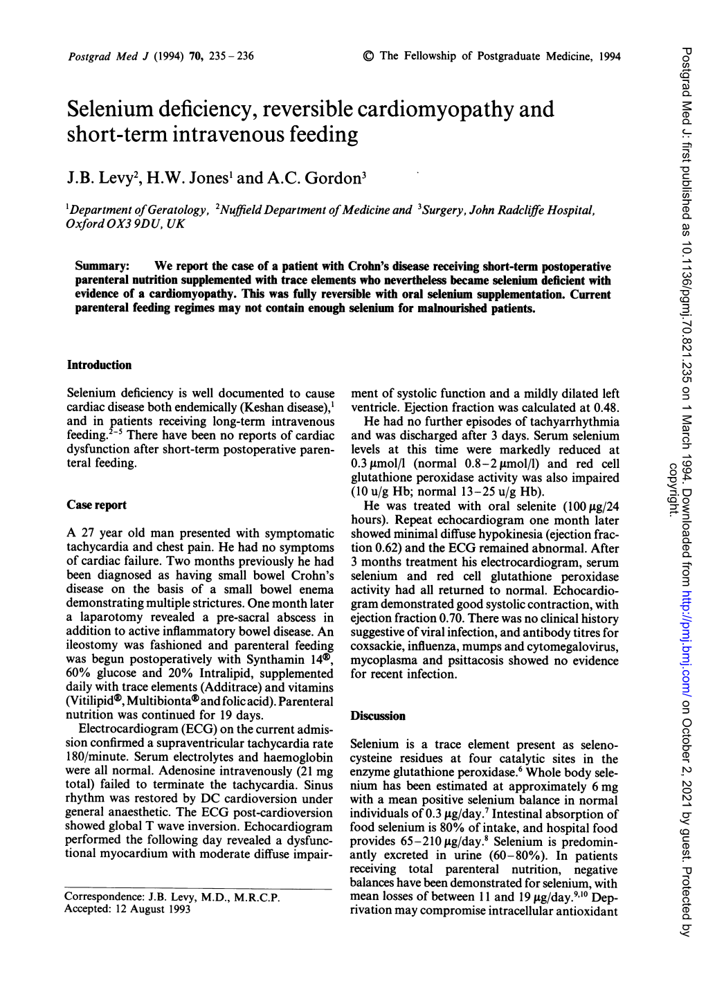 Selenium Deficiency, Reversible Cardiomyopathy and Short-Term Intravenous Feeding J.B