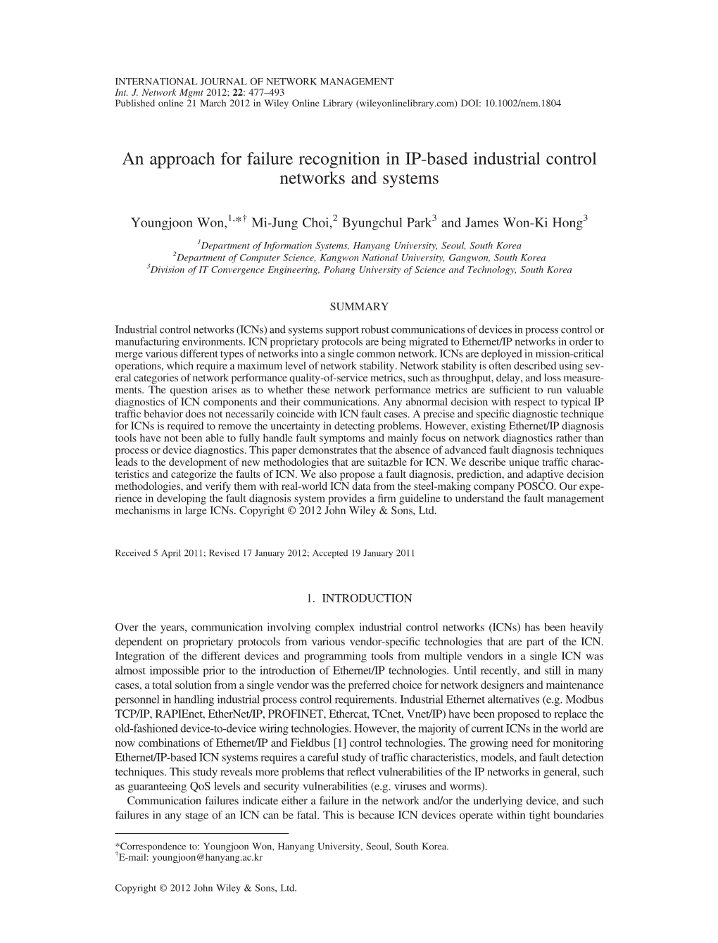 An Approach for Failure Recognition in IP-Based Industrial Control Networks and Systems