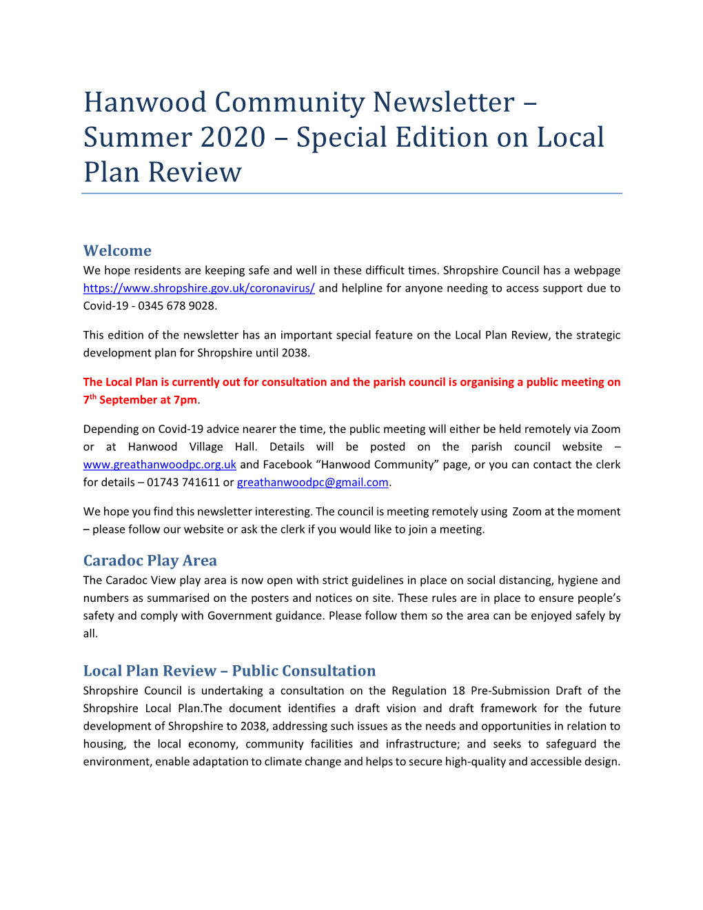 Hanwood Community Newsletter – Summer 2020 – Special Edition on Local Plan Review