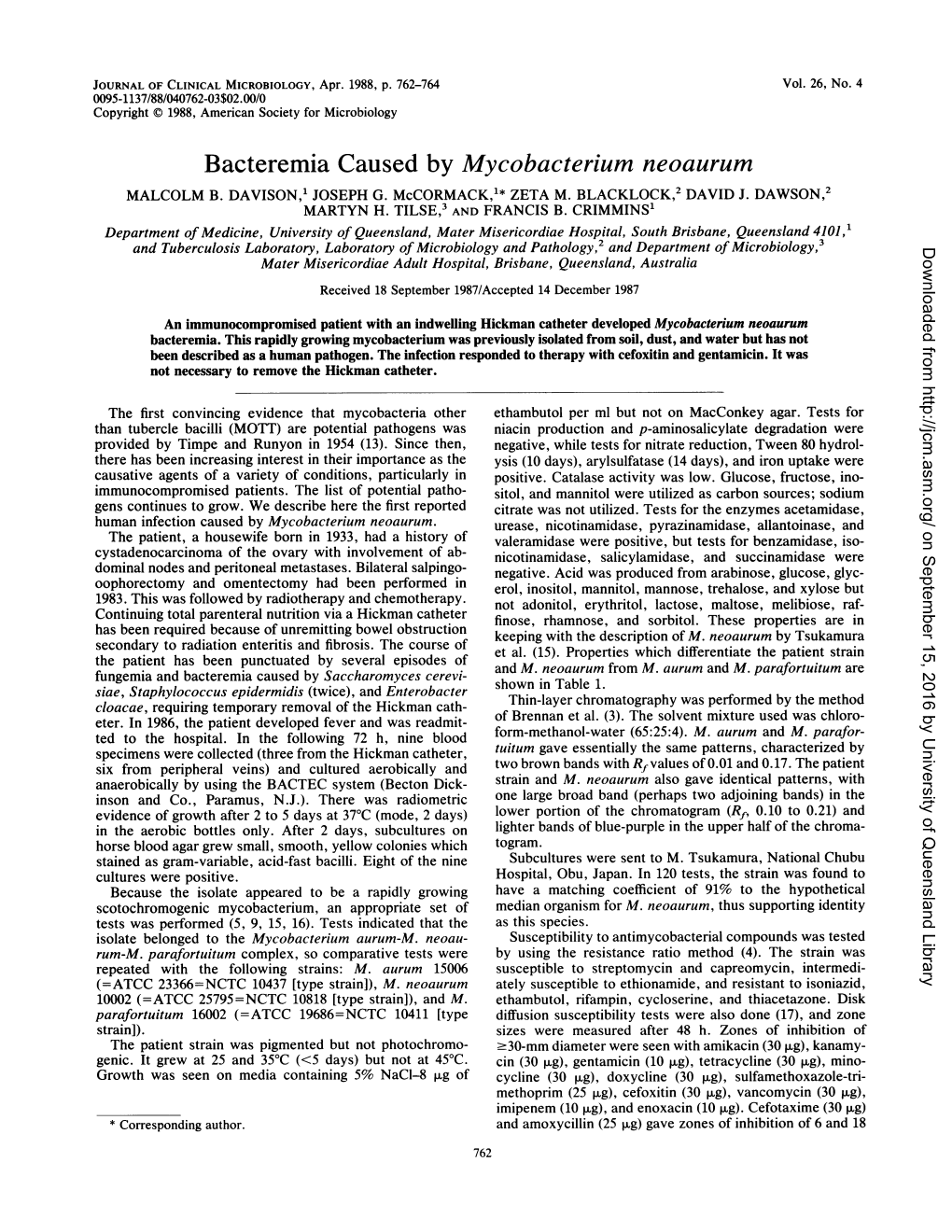 Bacteremia Caused by Mycobacterium Neoaurum MALCOLM B