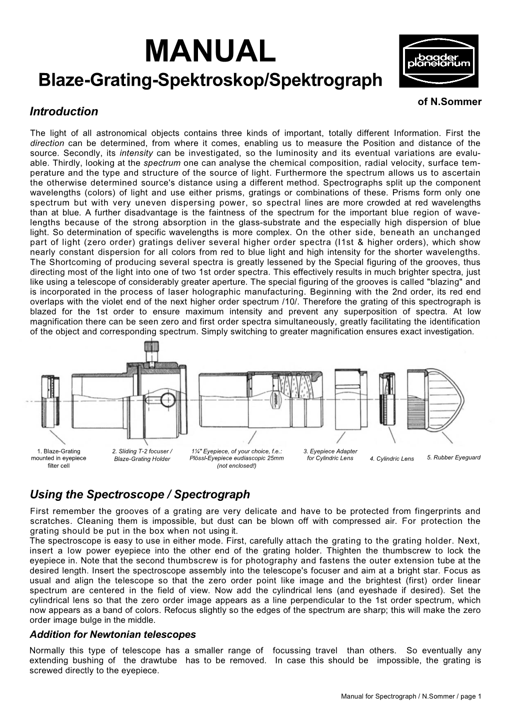 MANUAL Blaze-Grating-Spektroskop/Spektrograph of N.Sommer Introduction