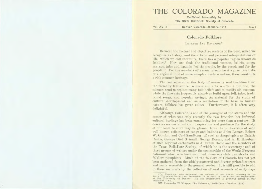 THE COLORADO MAGAZINE Published Bl-Monthly by the State Historical Society of Colorado