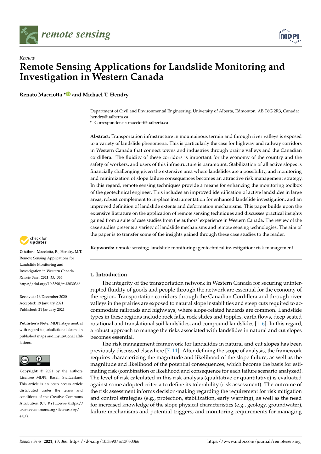 Remote Sensing Applications for Landslide Monitoring and Investigation in Western Canada