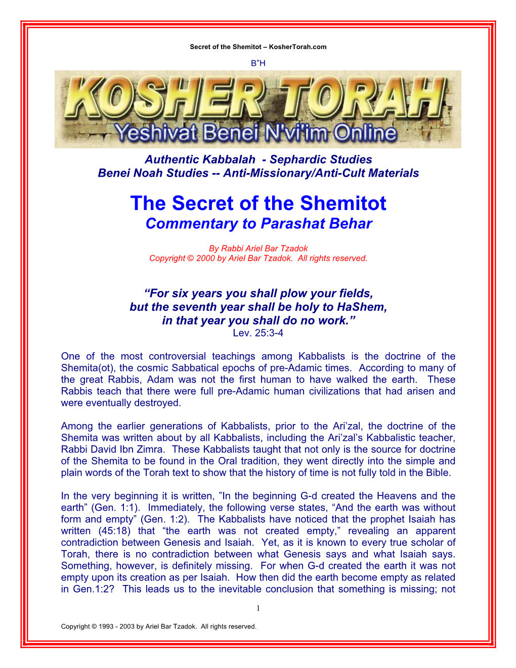 The Secret of the Shemitot Commentary to Parashat Behar