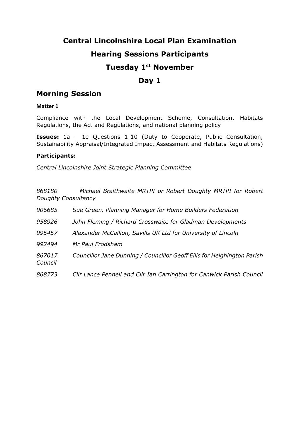 Central Lincolnshire Local Plan Examination Hearing Sessions Participants Tuesday 1St November Day 1 Morning Session Matter 1