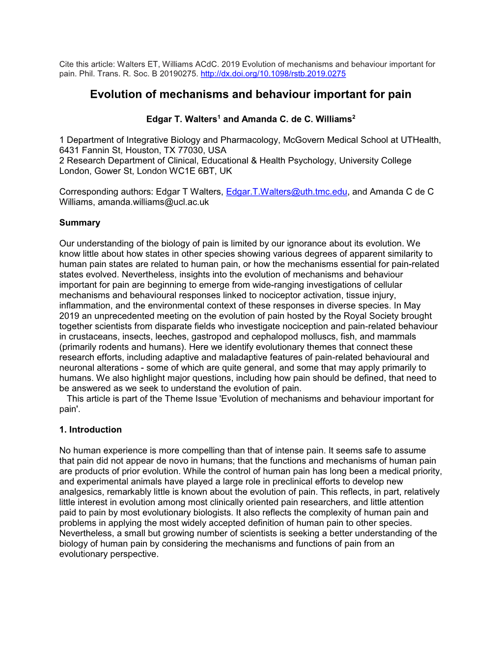 Evolution of Mechanisms and Behaviour Important for Pain