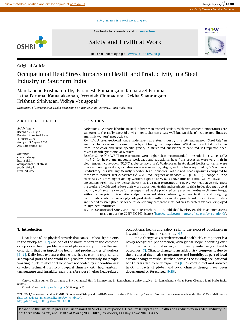 Occupational Heat Stress Impacts on Health and Productivity in a Steel Industry in Southern India