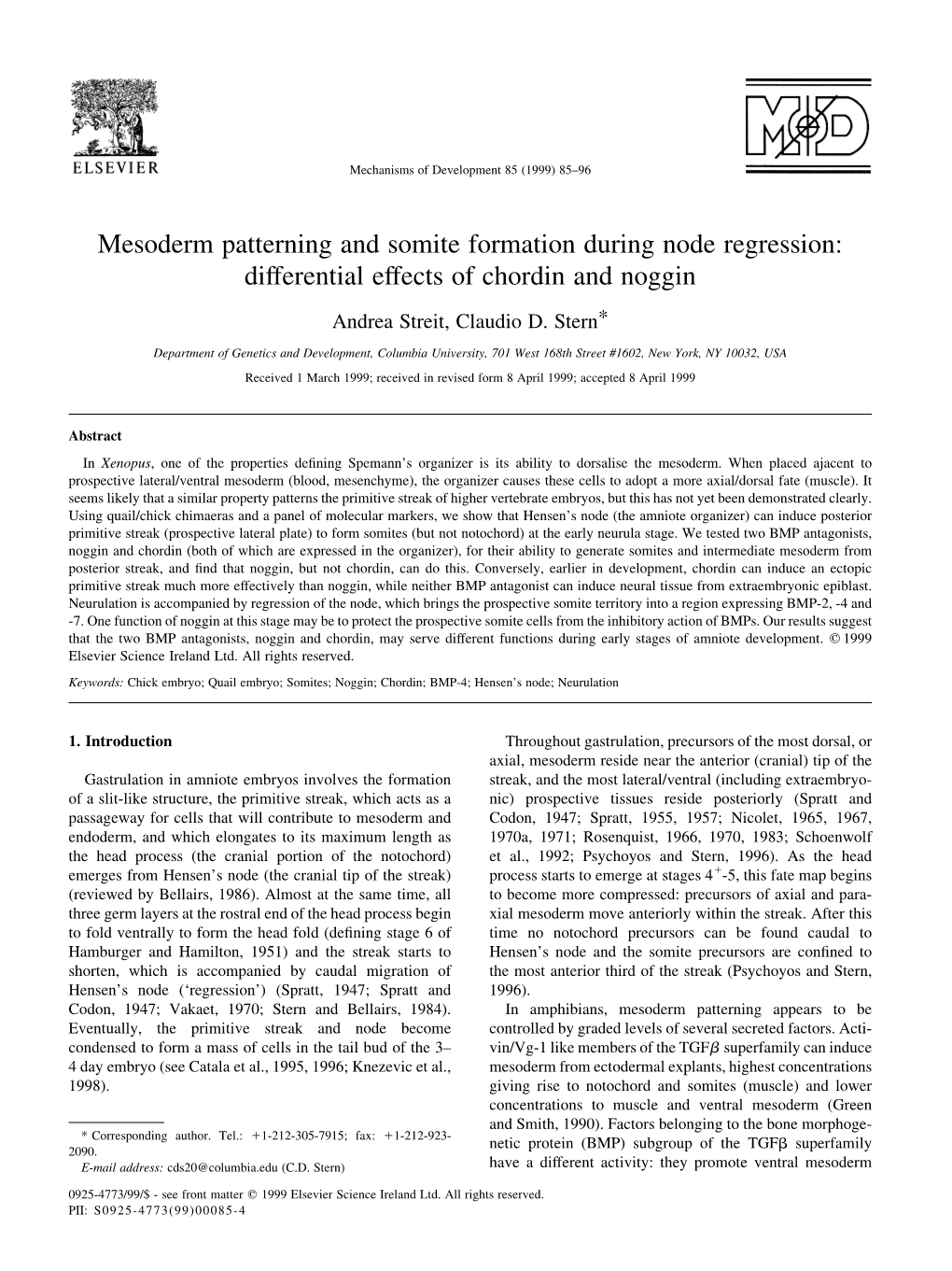 Mesoderm Patterning and Somite Formation During Node Regression: Differential Effects of Chordin and Noggin