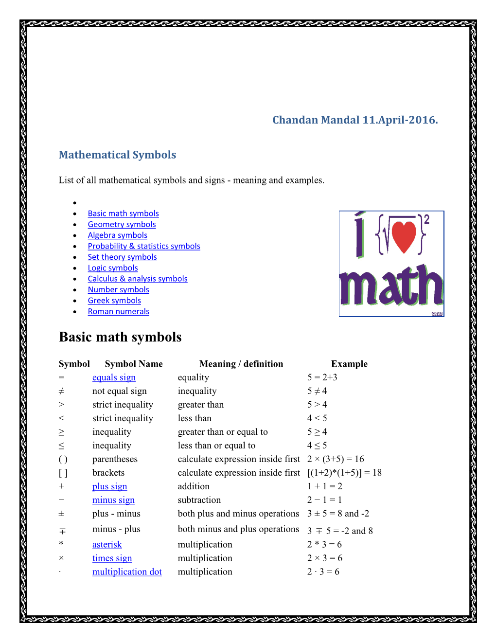 Basic Math Symbols -.:: GEOCITIES.Ws