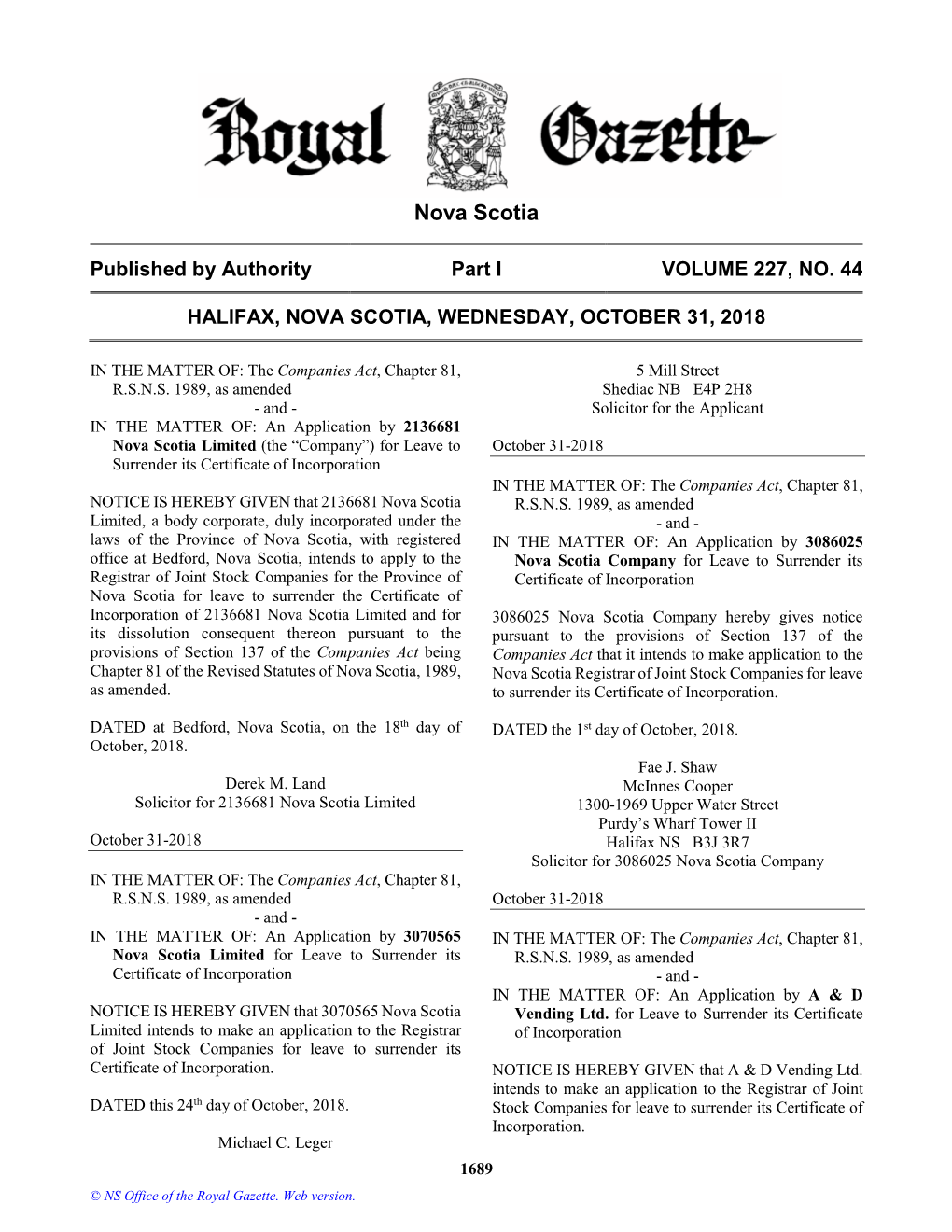 NS Royal Gazette Part I