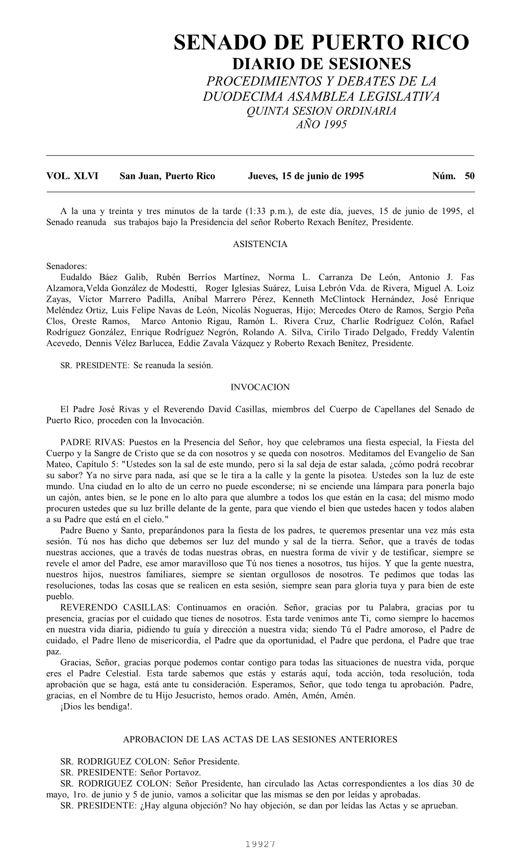 Senado De Puerto Rico Diario De Sesiones Procedimientos Y Debates De La Duodecima Asamblea Legislativa Quinta Sesion Ordinaria Año 1995