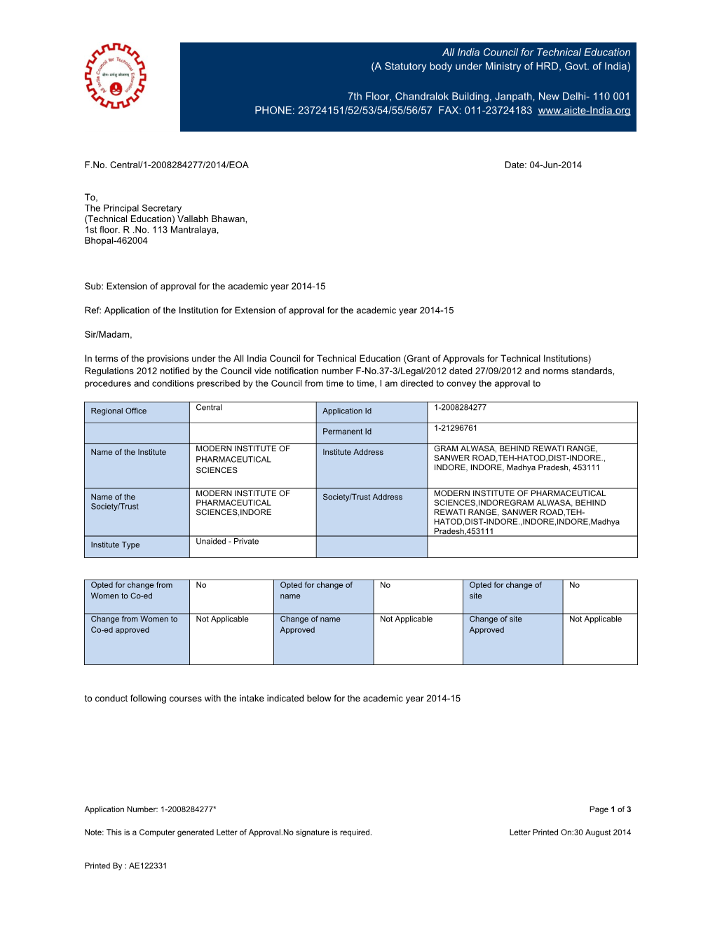 India Council for Technical Education (A Statutory Body Under Ministry of HRD, Govt