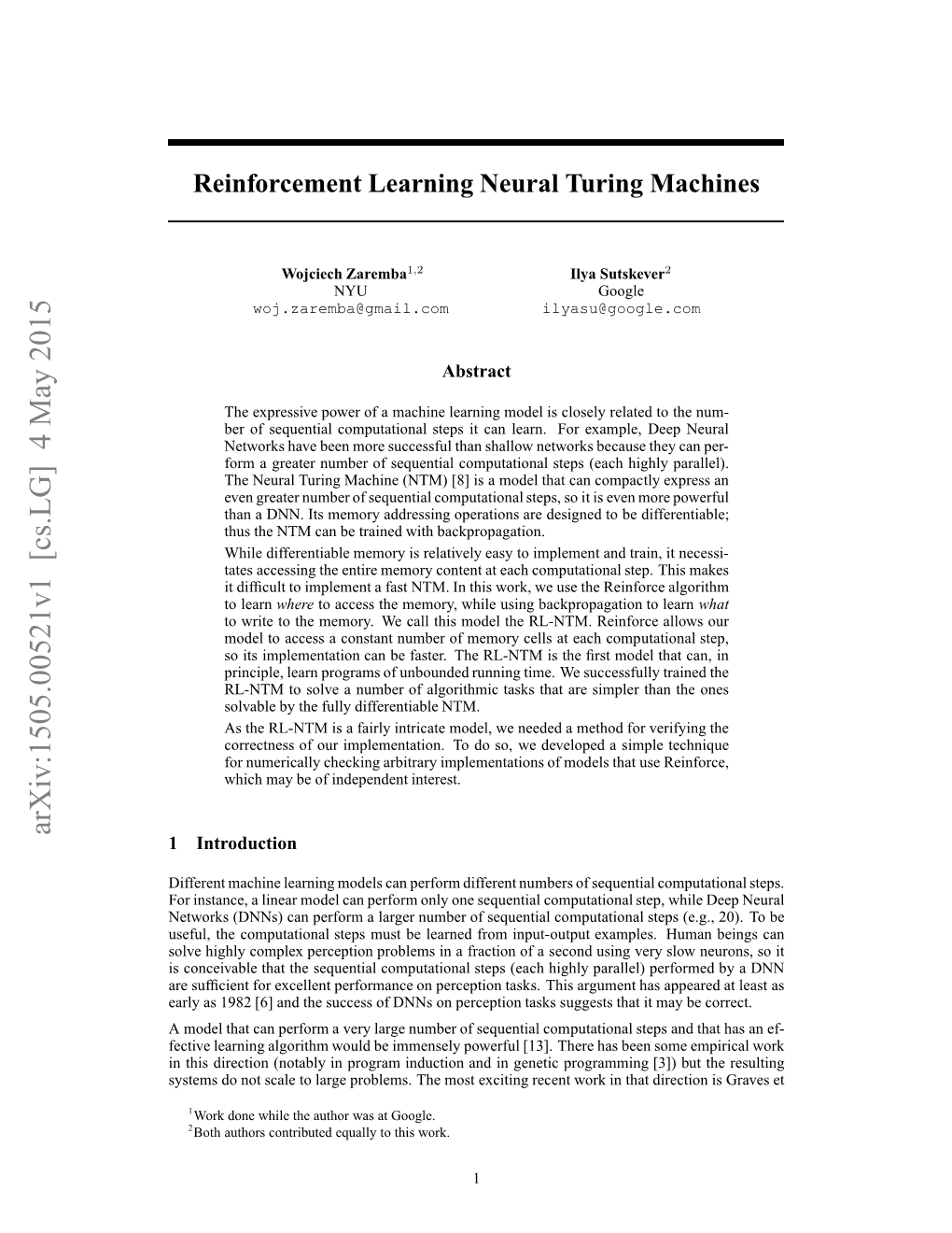 Reinforcement Learning Neural Turing Machines
