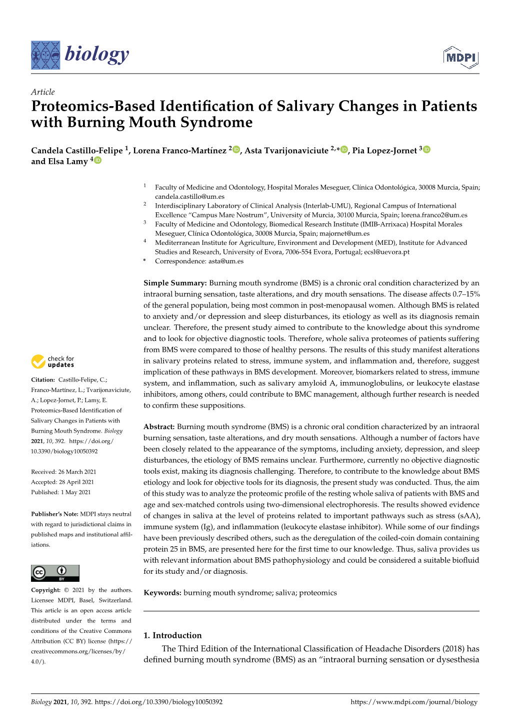 Proteomics-Based Identification of Salivary Changes in Patients With