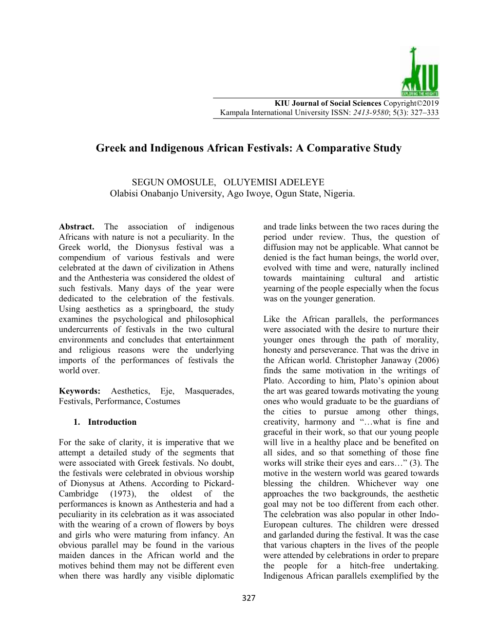 Greek and Indigenous African Festivals: a Comparative Study