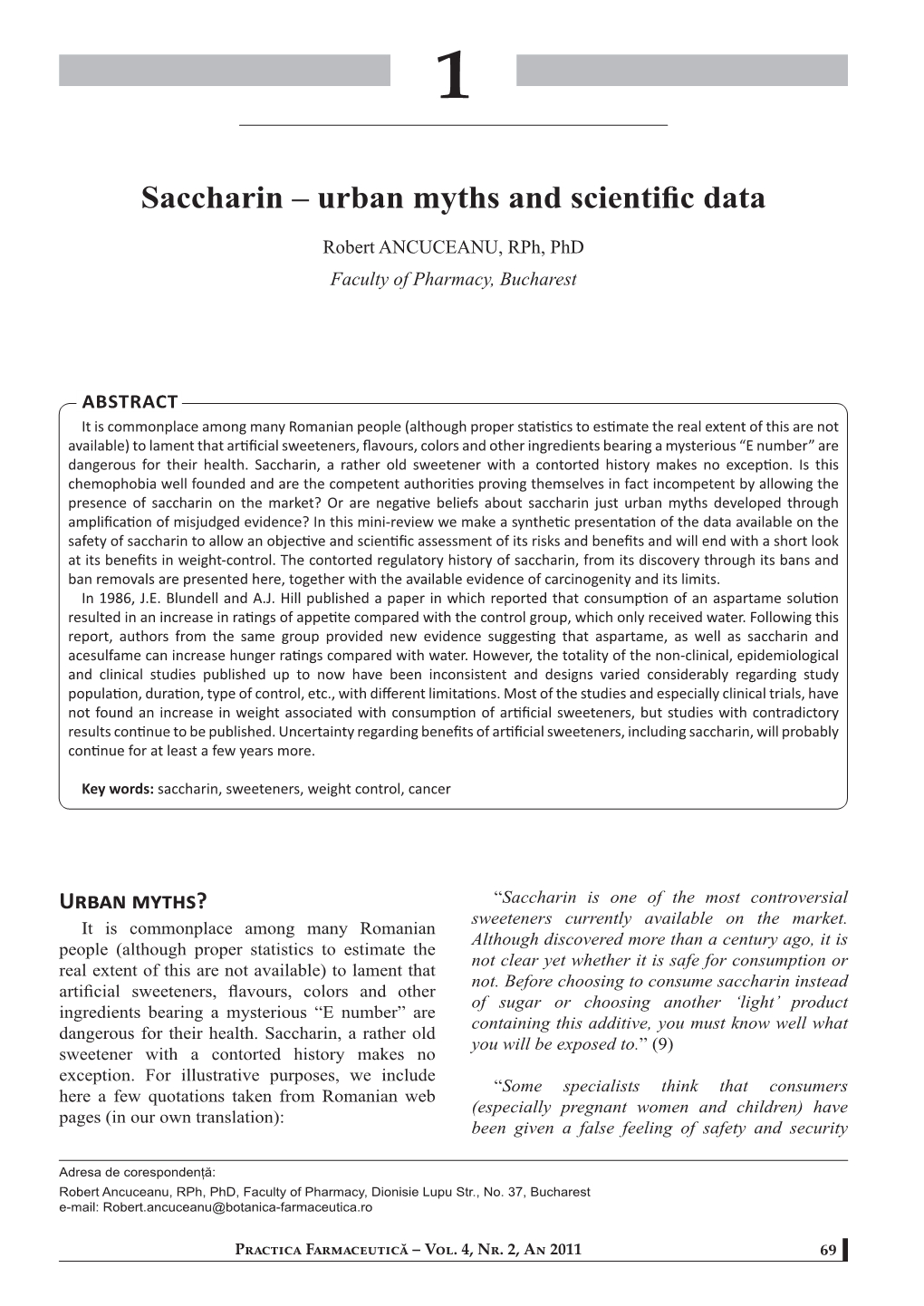 Saccharin – Urban Myths and Scientific Data