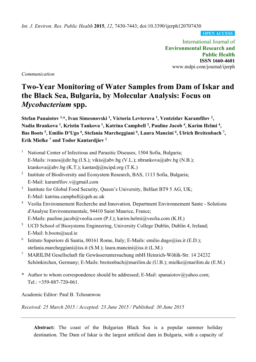 Two-Year Monitoring of Water Samples from Dam of Iskar and the Black Sea, Bulgaria, by Molecular Analysis: Focus on Mycobacterium Spp