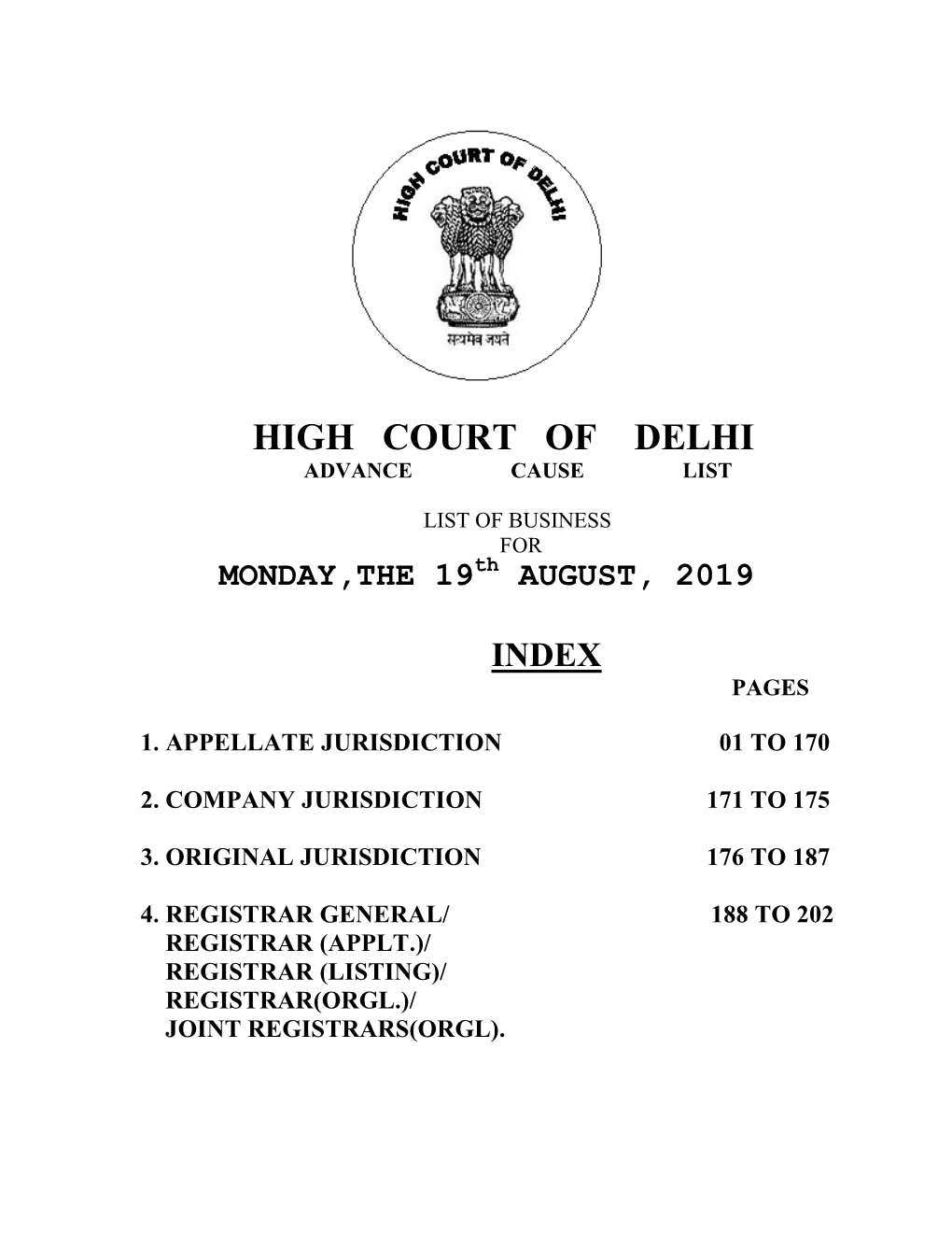 High Court of Delhi Advance Cause List