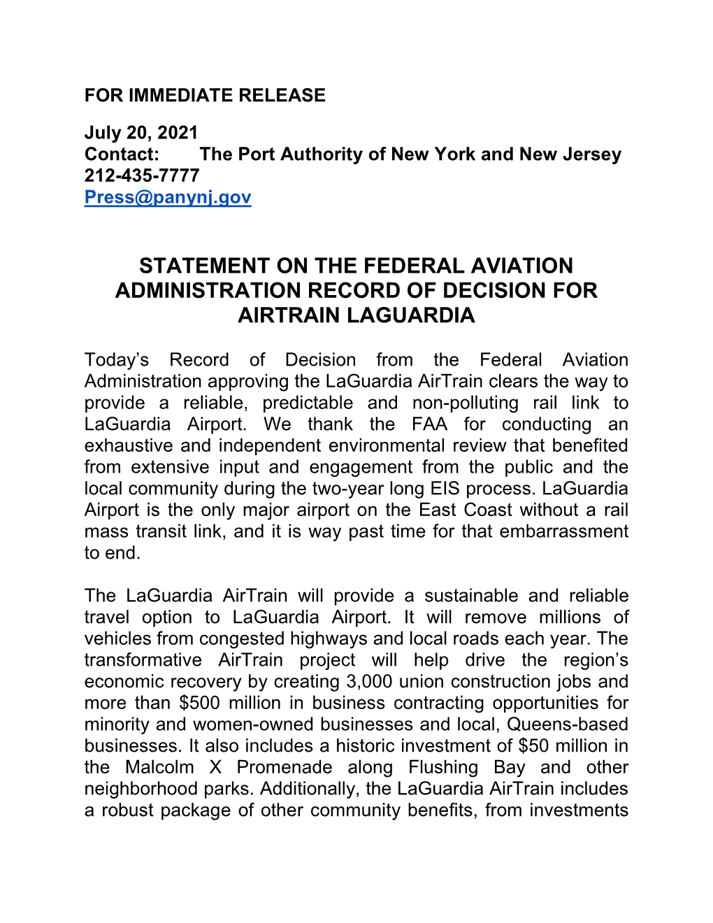 Statement on the Federal Aviation Administration Record of Decision for Airtrain Laguardia