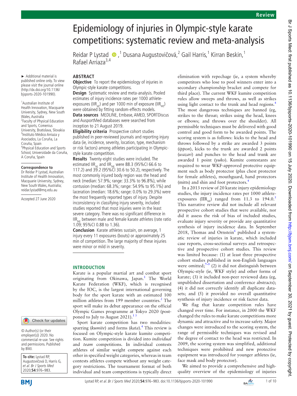 Epidemiology of Injuries in Olympic-Style Karate Competitions