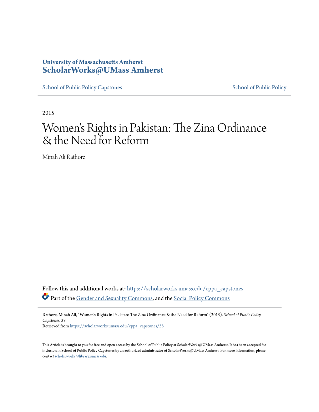 Women's Rights in Pakistan: the Zina Ordinance & the Need for Reform