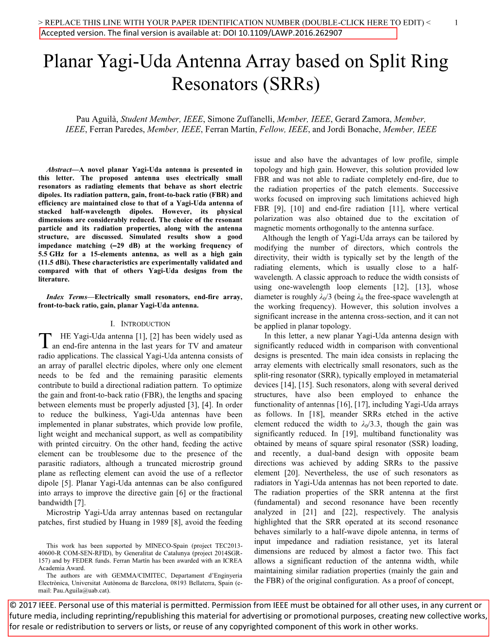 Planar Yagi-Uda Antenna Array Based on Split Ring Resonators (Srrs)