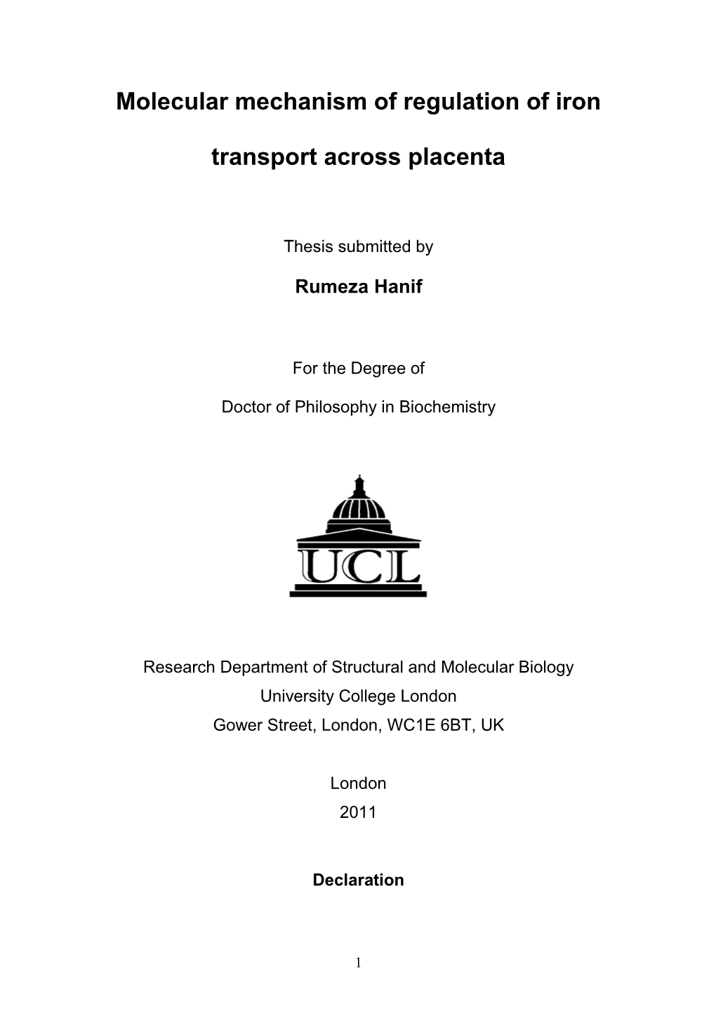 Molecular Mechanism of Regulation of Iron Transport Across Placenta