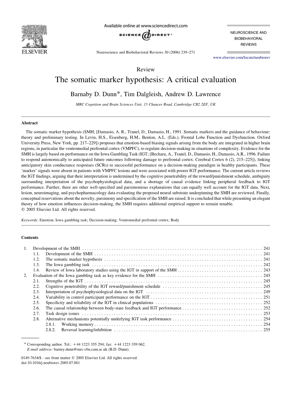 The Somatic Marker Hypothesis: a Critical Evaluation