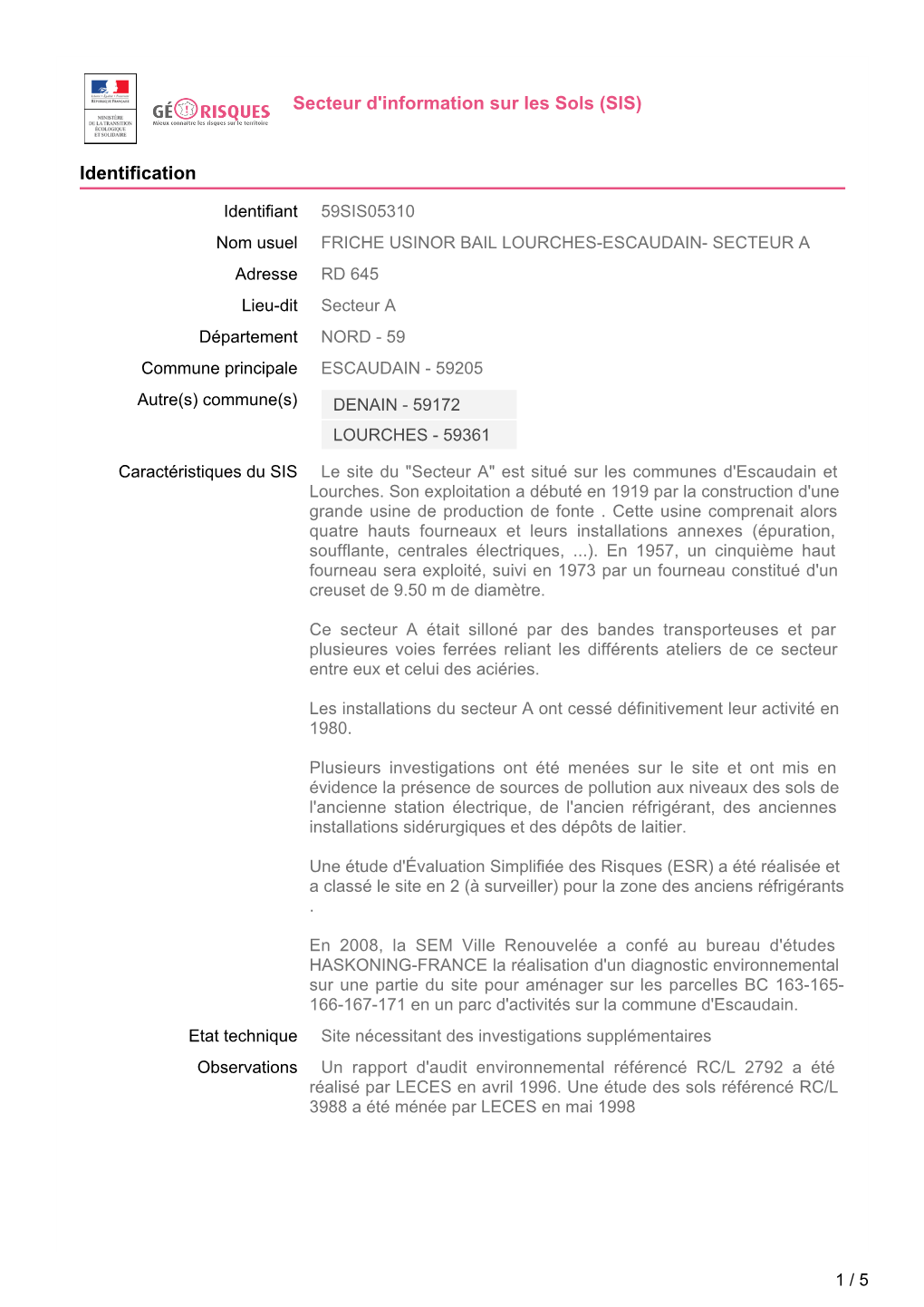 Secteur D'information Sur Les Sols (SIS) Identification