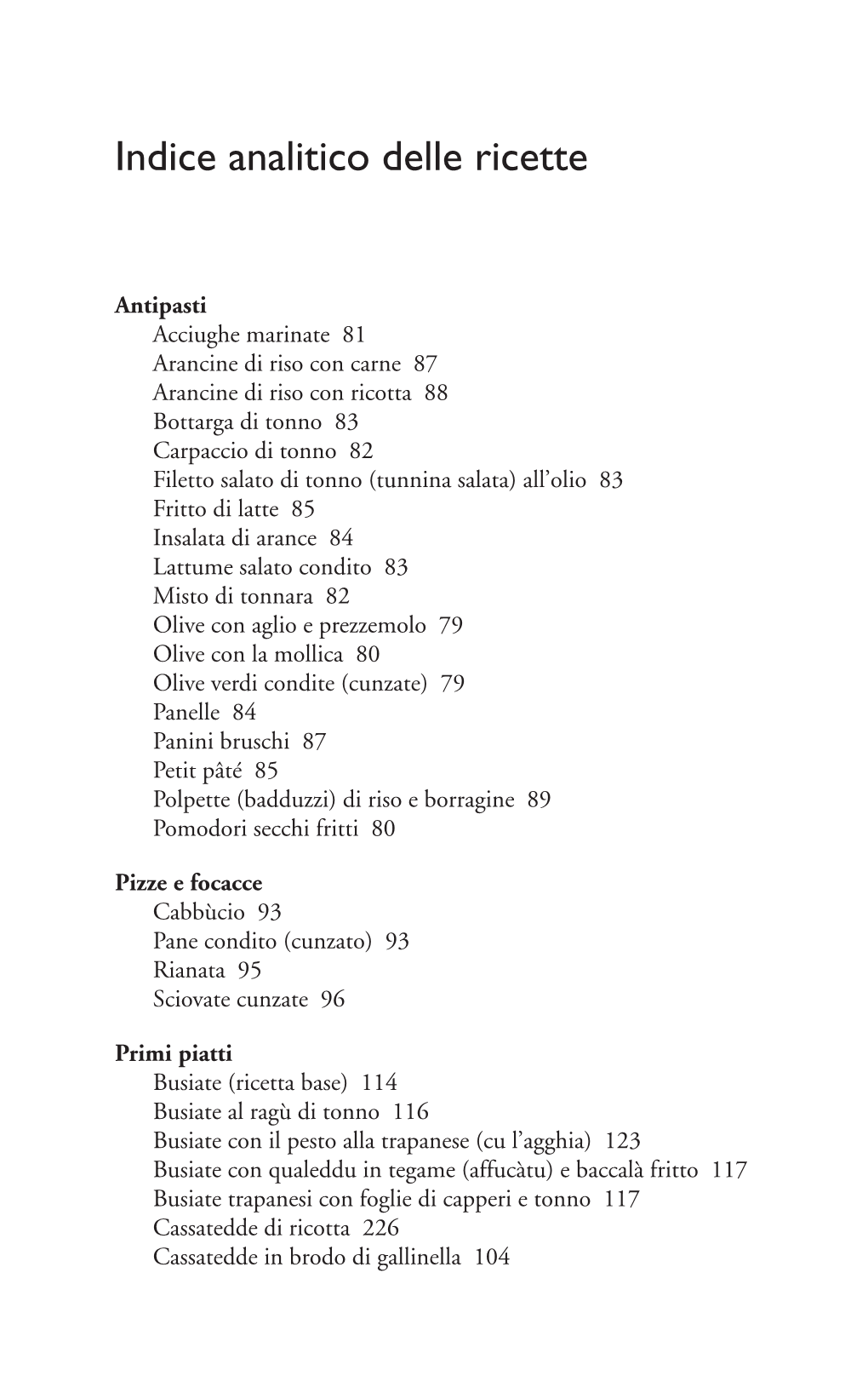 La Cucina Trapanese E Delle Isole – Indice Analitico Delle Ricette