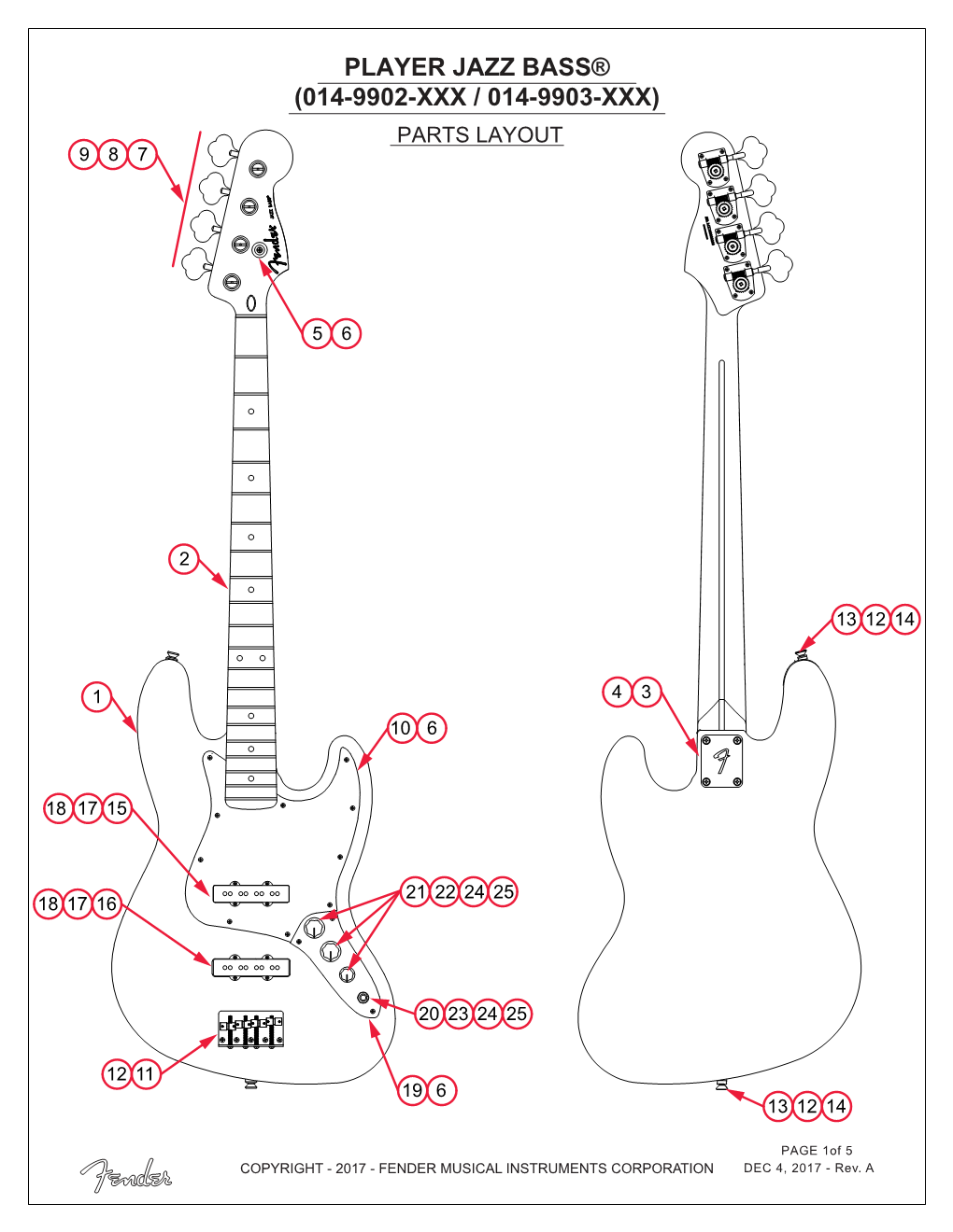 Player Jazz Bass® (014-9902-Xxx / 014-9903-Xxx) Parts Layout 9 8 7