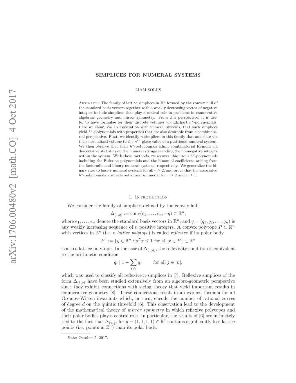 Arxiv:1706.00480V2 [Math.CO] 4 Oct 2017 Where N Ekyicesn Euneof Sequence Increasing Weakly Any Ihvrie in Vertices with Sas Atc Oyoe Ntecs F∆ of Case the in Polytope