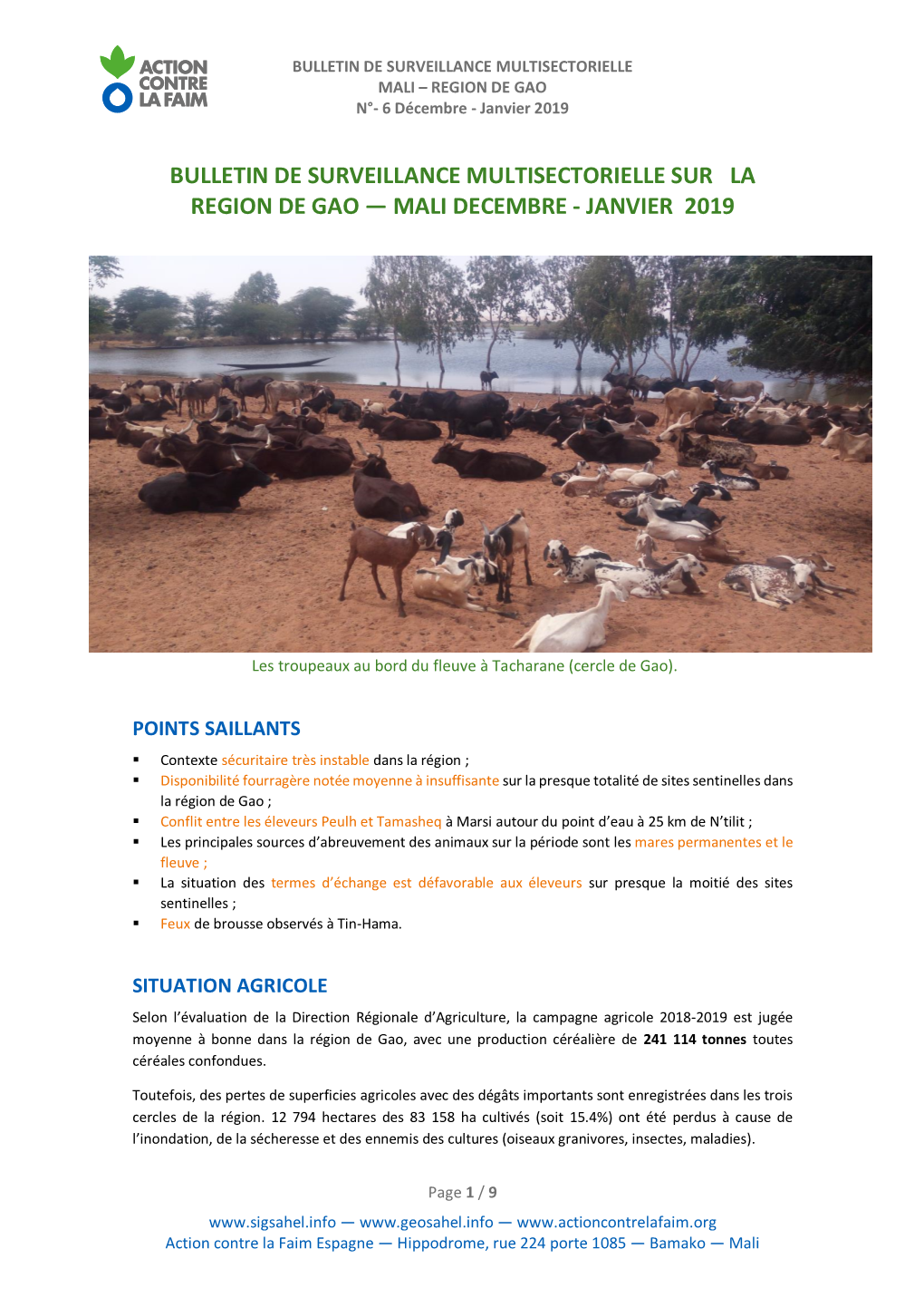 Bulletin De Surveillance Multisectorielle Sur La Region De Gao — Mali Decembre - Janvier 2019