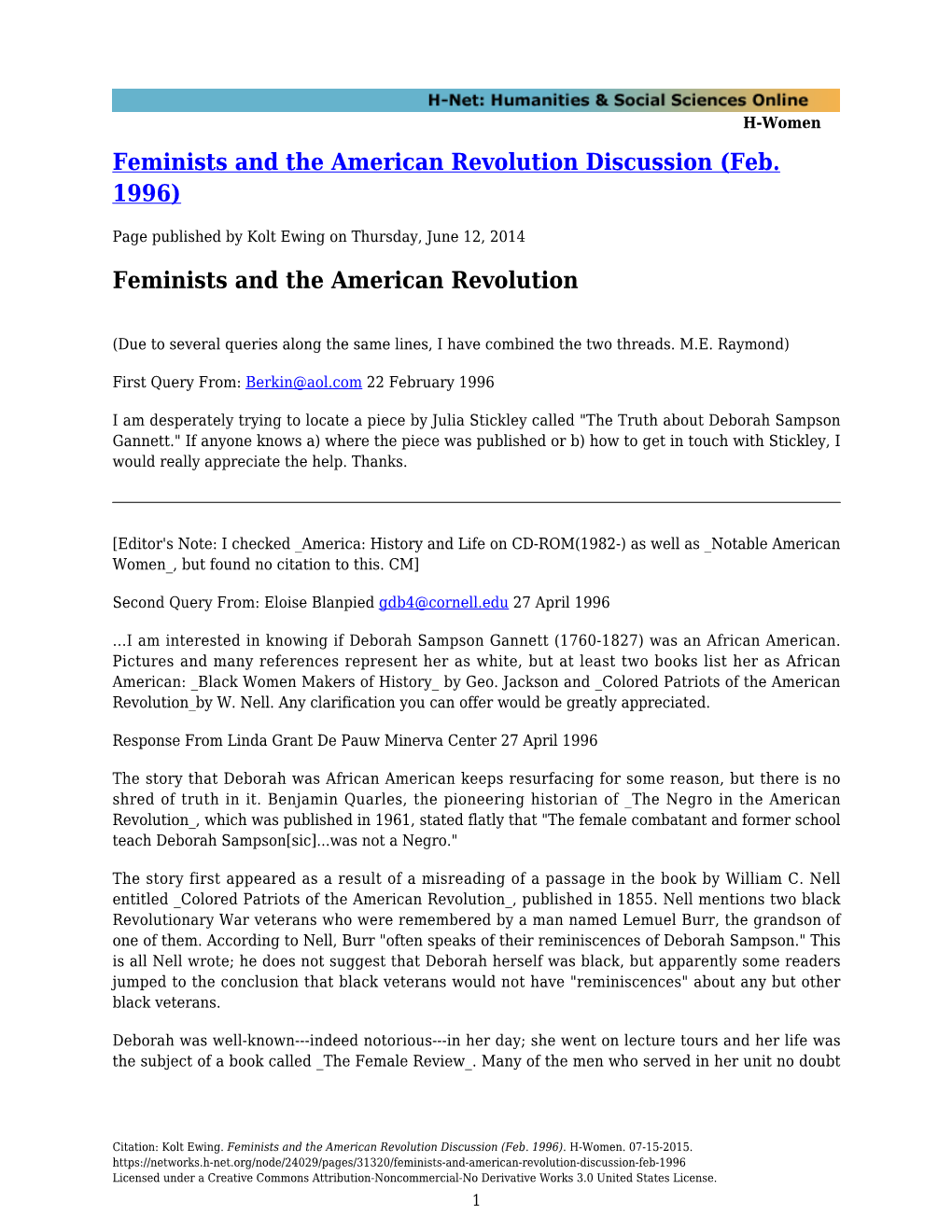 Feminists and the American Revolution Discussion (Feb
