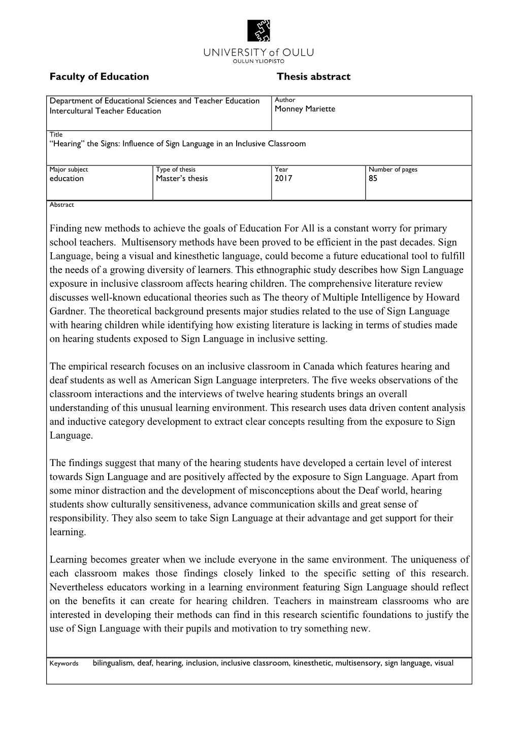 Faculty of Education Thesis Abstract Finding New Methods to Achieve