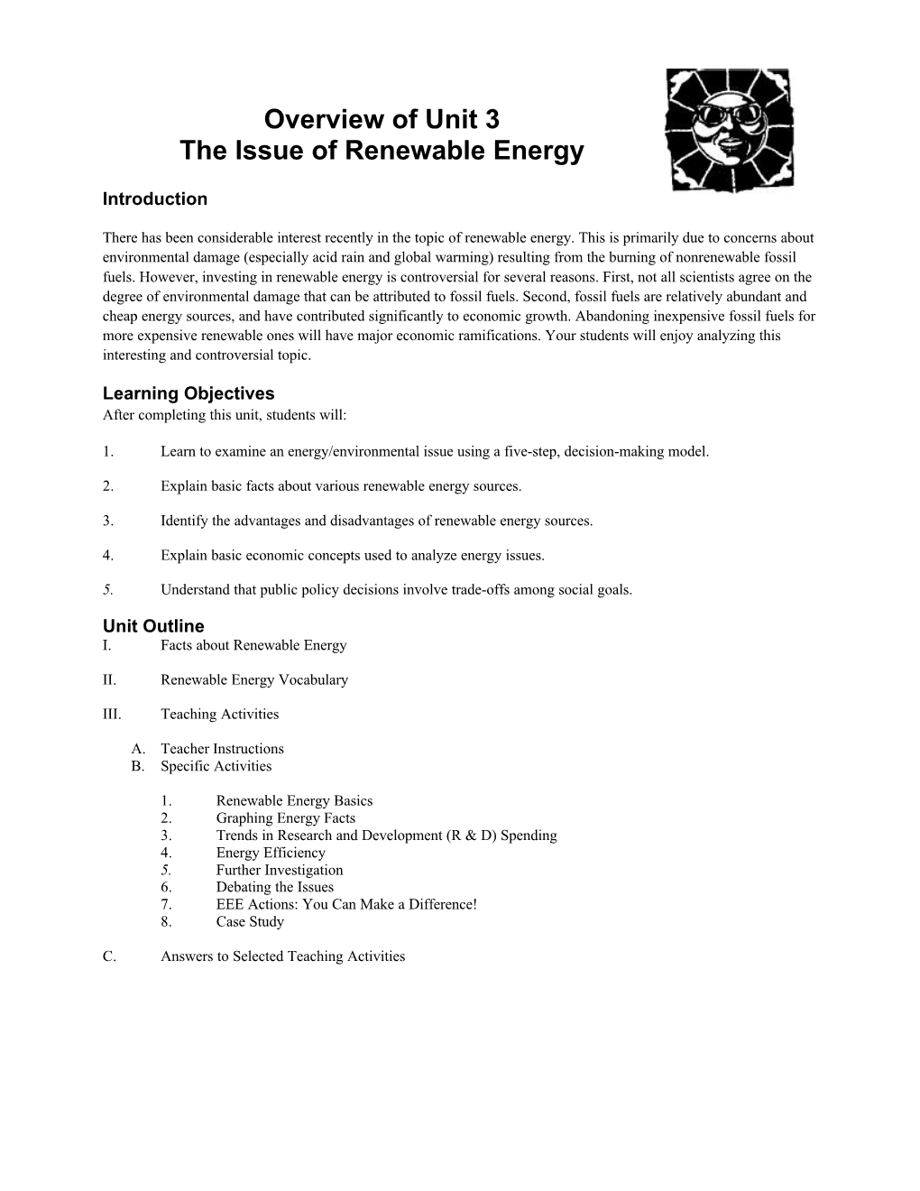 Overview of Unit 3 the Issue of Renewable Energy