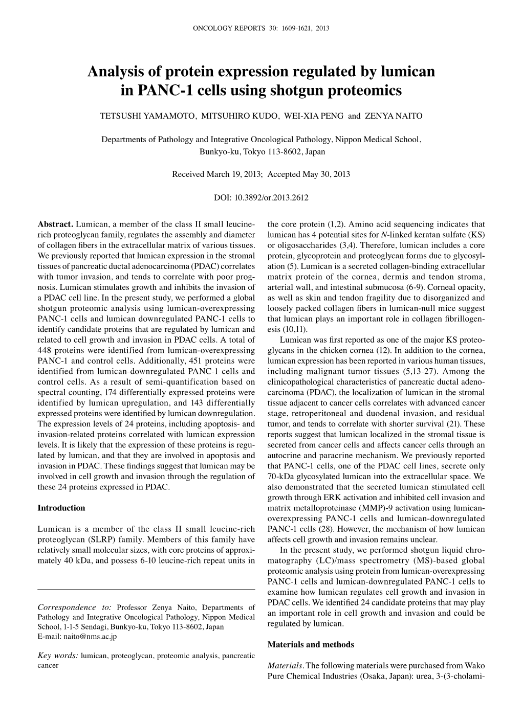 Analysis of Protein Expression Regulated by Lumican in PANC‑1 Cells Using Shotgun Proteomics