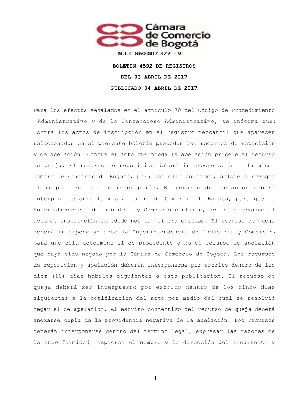 BOLETIN 4592 DE REGISTROS DEL 03 ABRIL DE 2017 PUBLICADO 04 ABRIL DE 2017 Para Los Efectos Señalados En El Artículo 70 Del Có