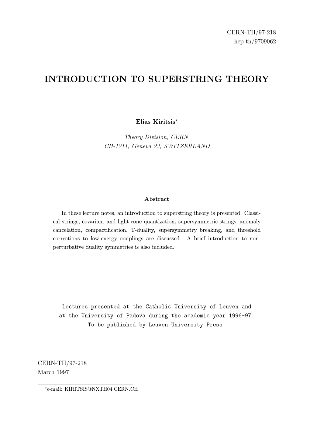 Introduction to Superstring Theory