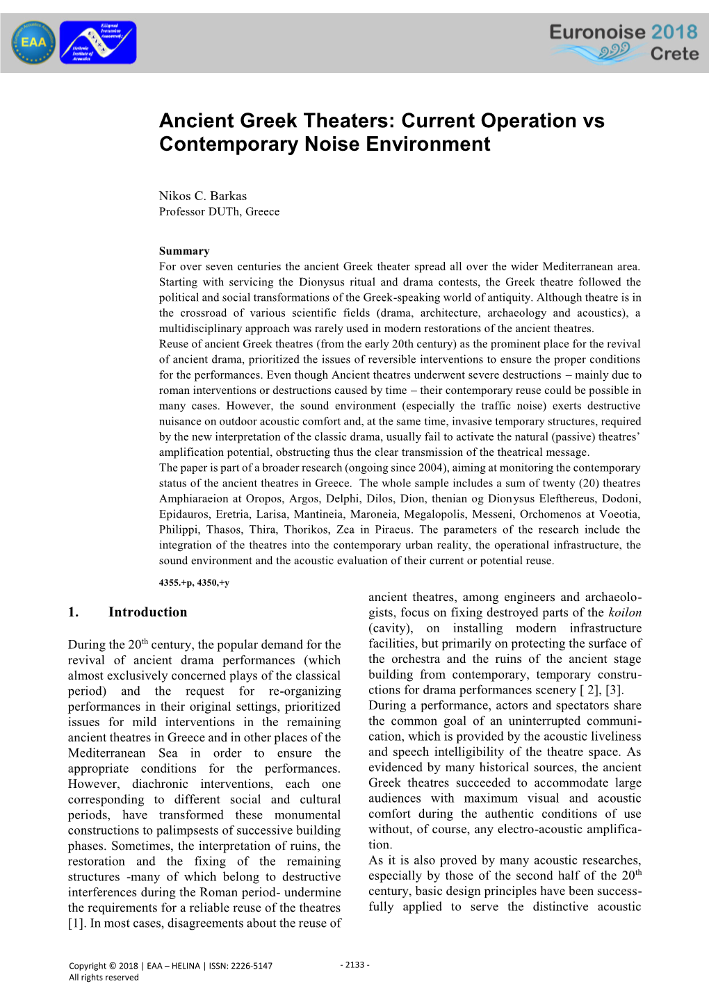 Ancient Greek Theaters: Current Operation Vs Contemporary Noise Environment