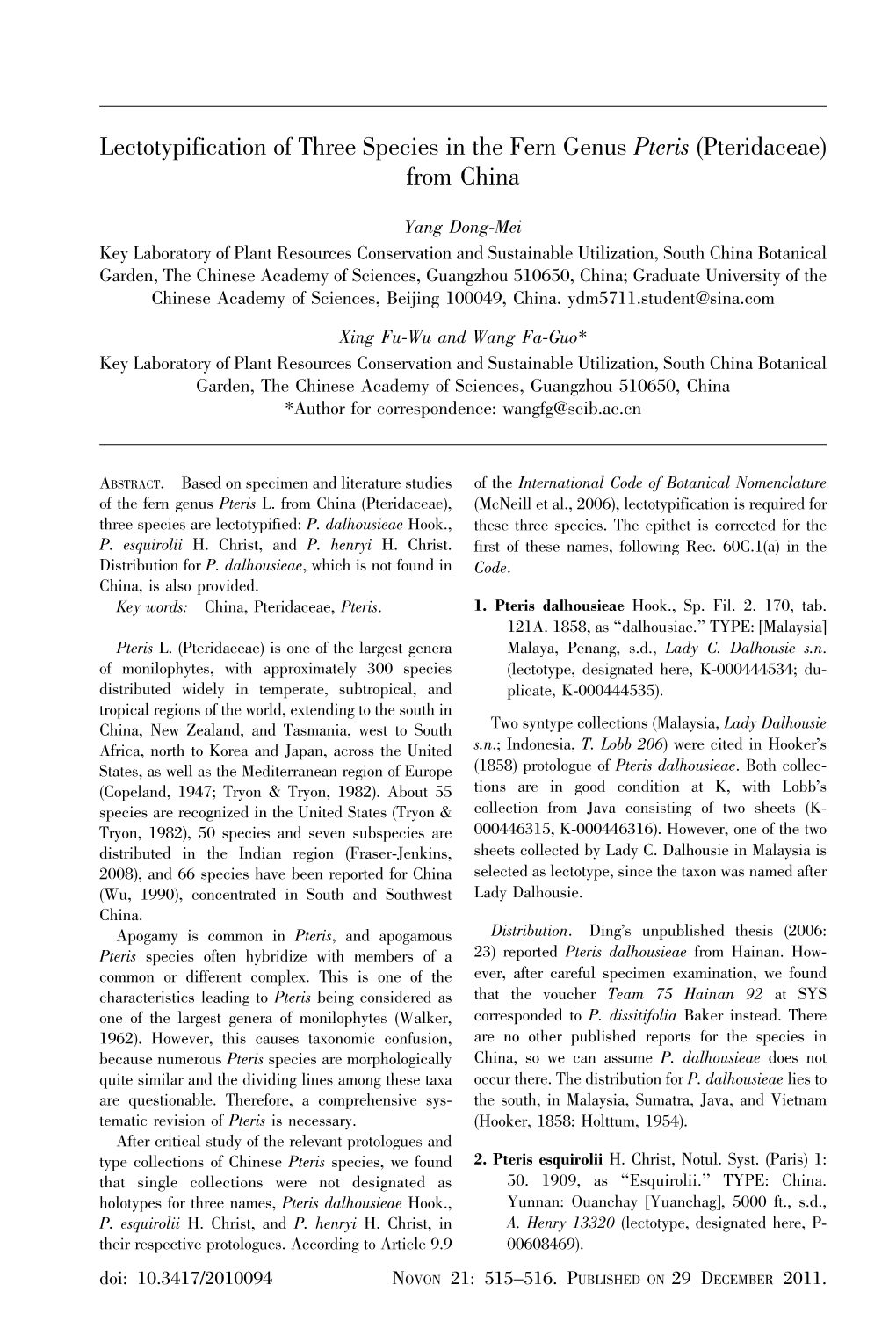 Lectotypification of Three Species in the Fern Genus Pteris (Pteridaceae) from China