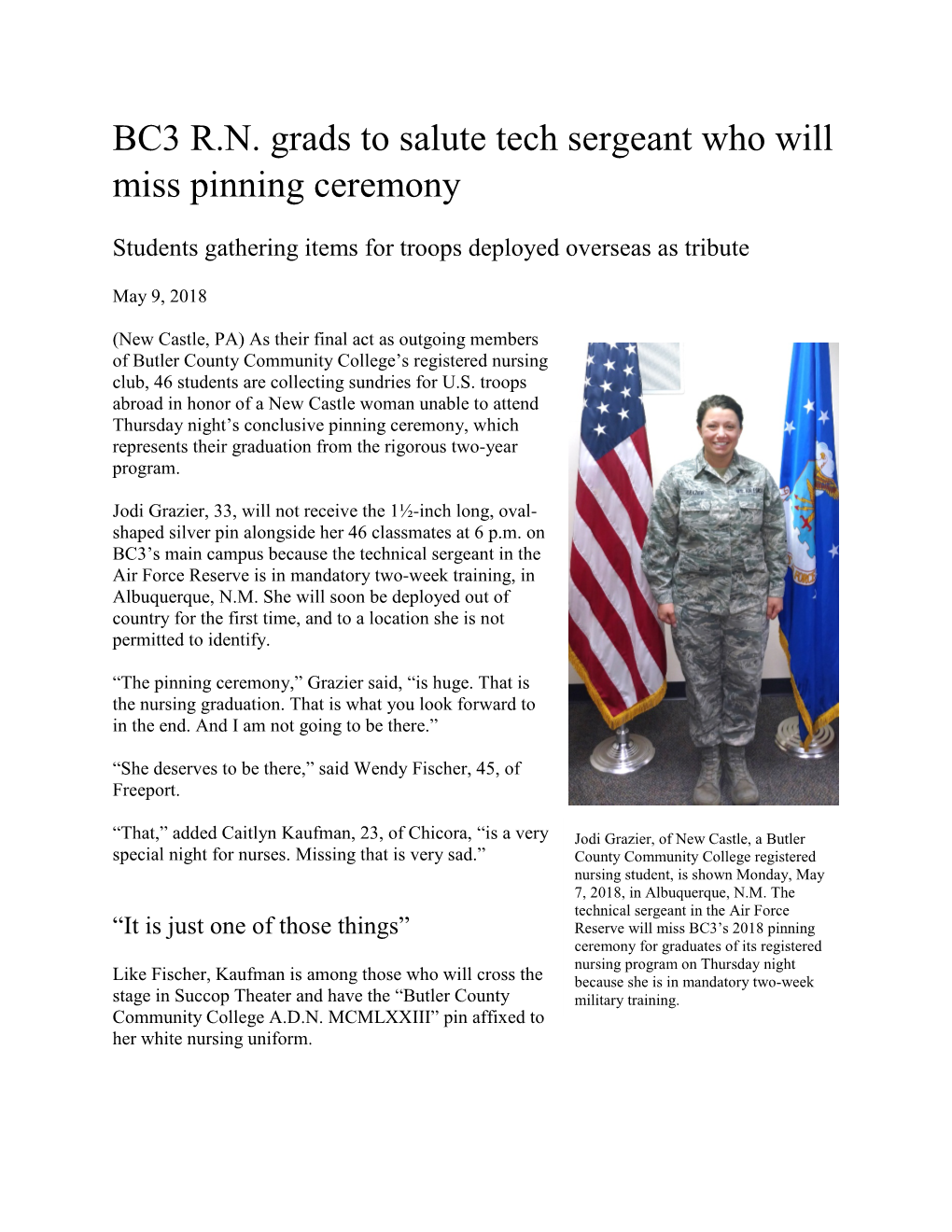 BC3 R.N. Grads to Salute Tech Sergeant Who Will Miss Pinning Ceremony