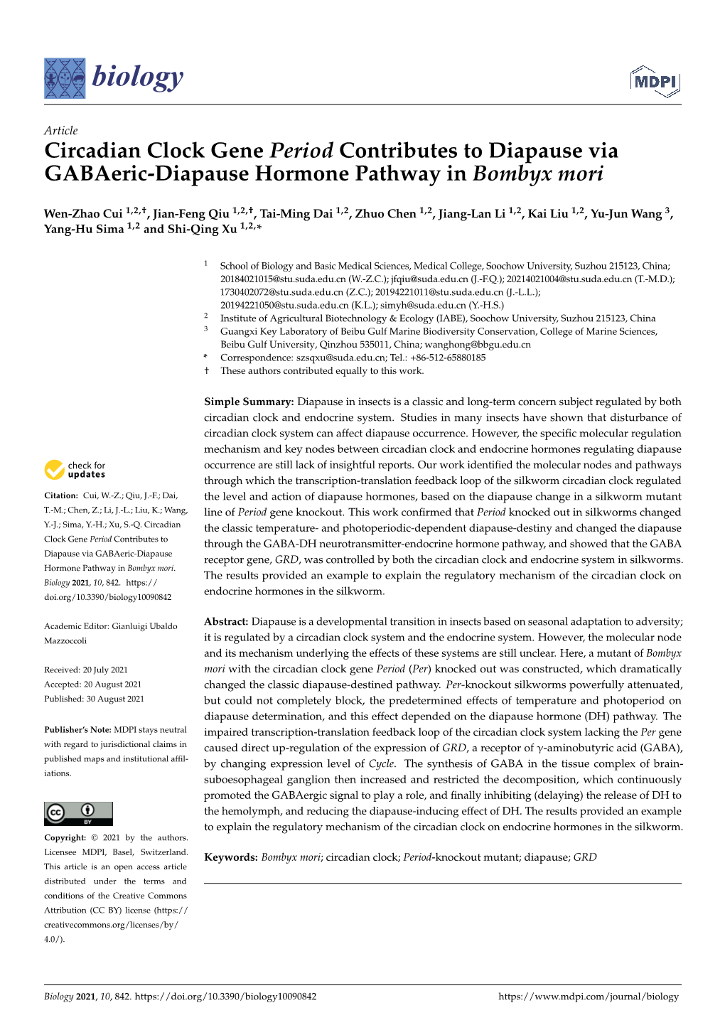 Circadian Clock Gene Period Contributes to Diapause Via Gabaeric-Diapause Hormone Pathway in Bombyx Mori