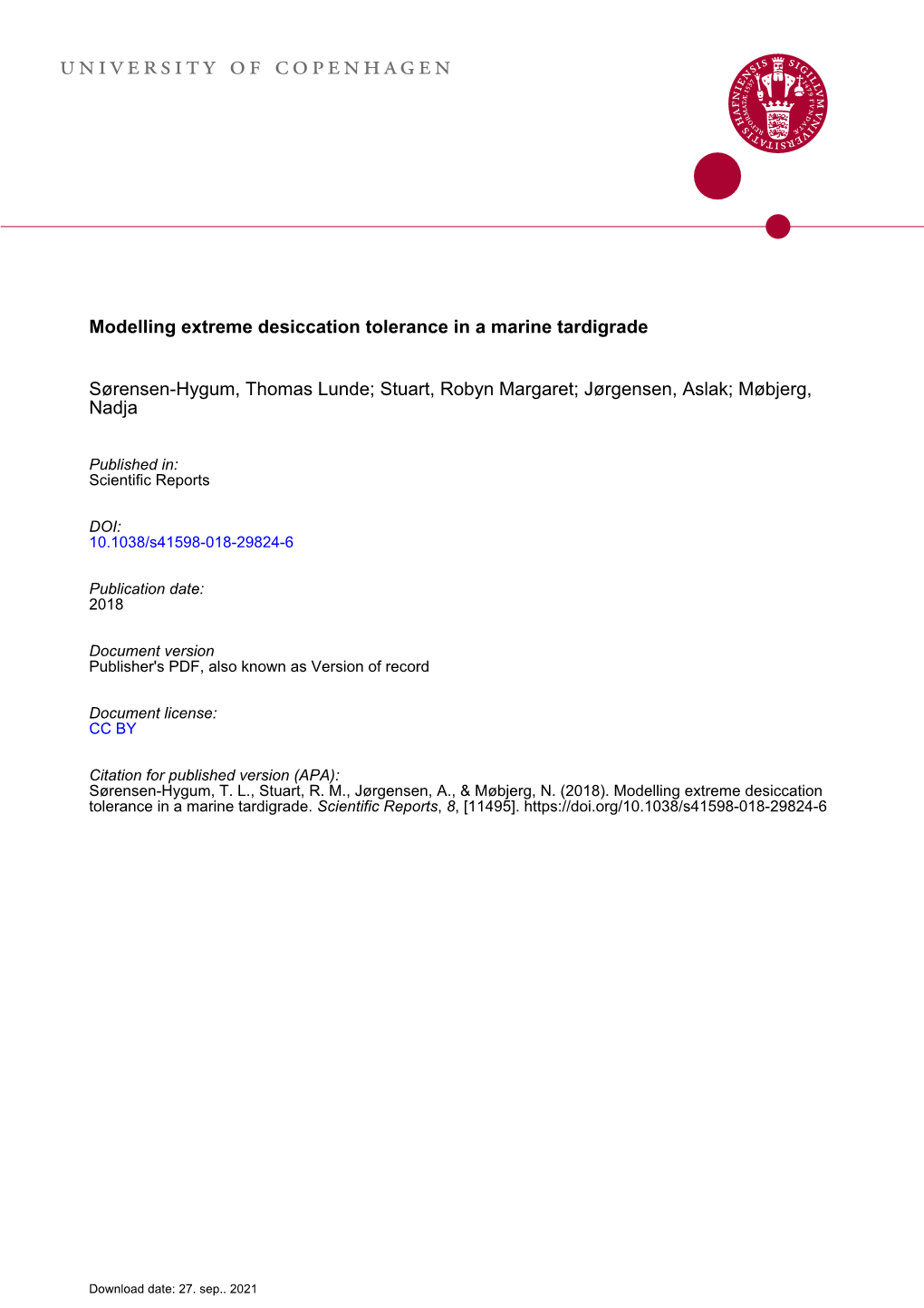 Modelling Extreme Desiccation Tolerance in a Marine Tardigrade