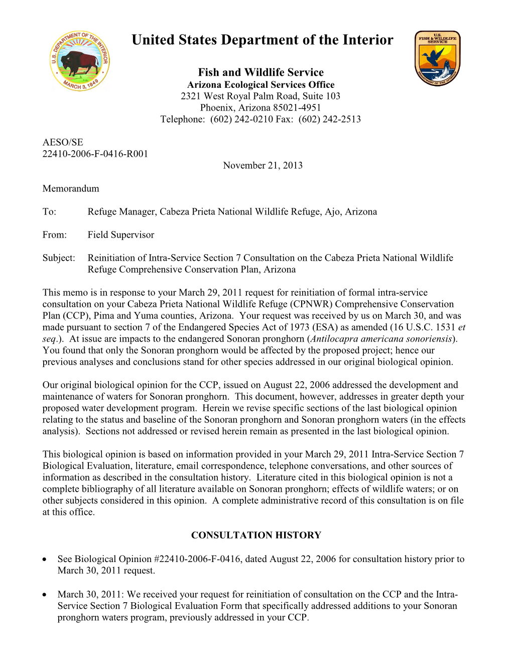 Reinitiation of Intra-Service Section 7 Consultation on the Cabeza Prieta National Wildlife Refuge Comprehensive Conservation Plan, Arizona