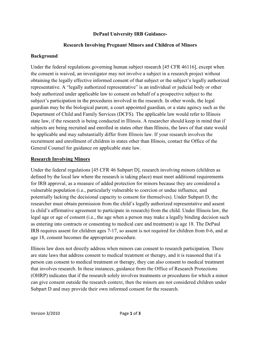 Research Involving Pregnant Minors and Children of Minors